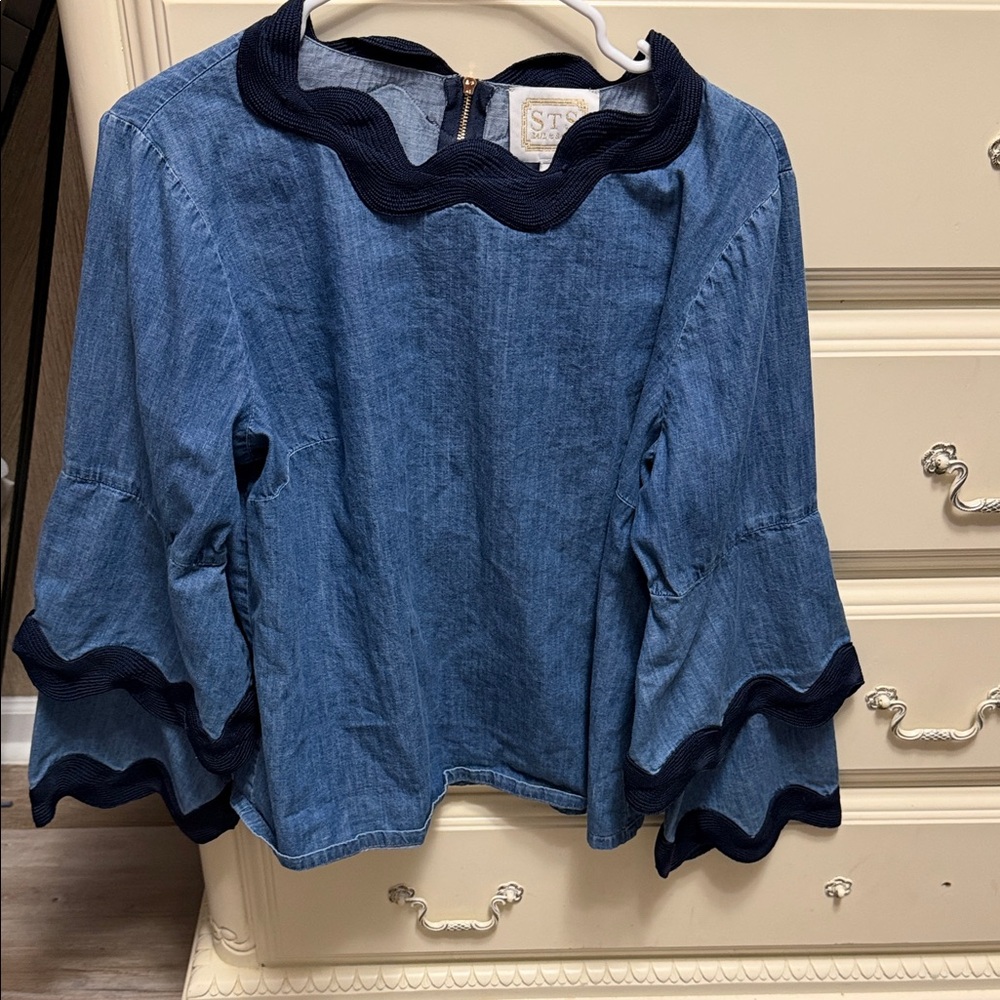 Sail to Sable Blue Denim Blouse with Ruffled Sleeves